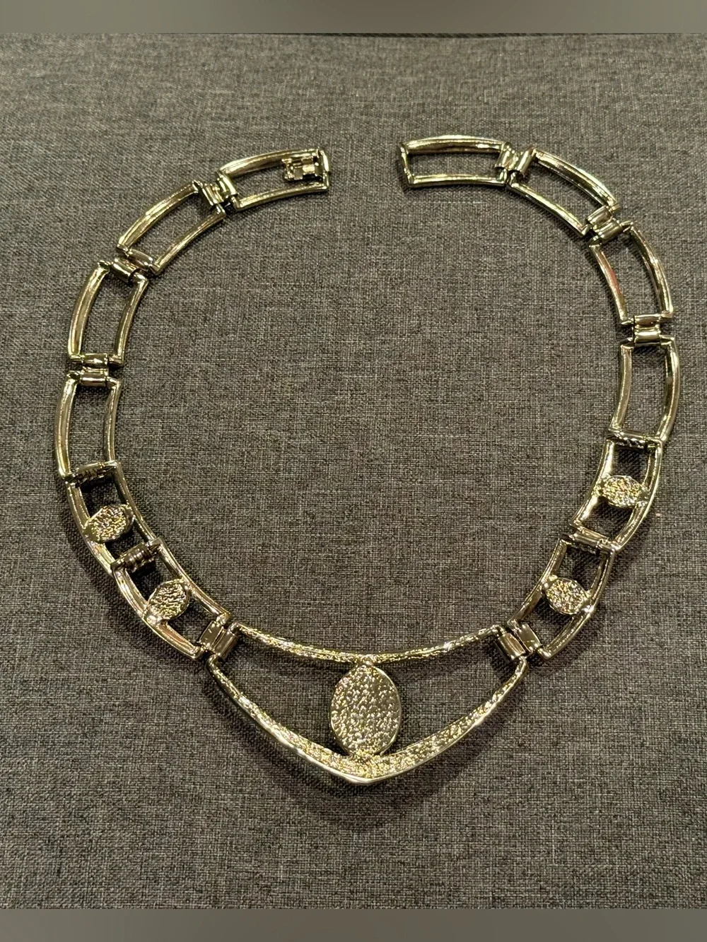 Vintage Silver Tone Black Cabochon Statement Collar Necklace Art Deco Style